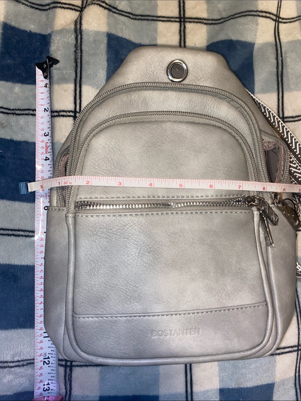 Light Gray Faux-Leather Sling Backpack with Patterned Strap - Picture 11 of 11